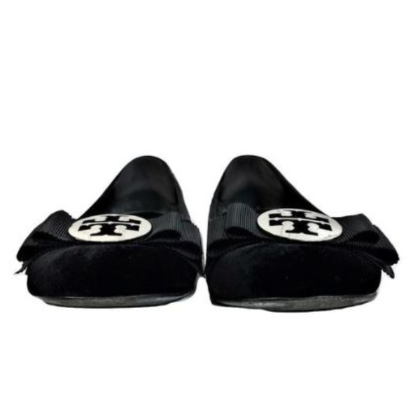 TORY BURCH JESSICA BLACK VELVET BOW SILVER FLATS - Picture 5 of 8